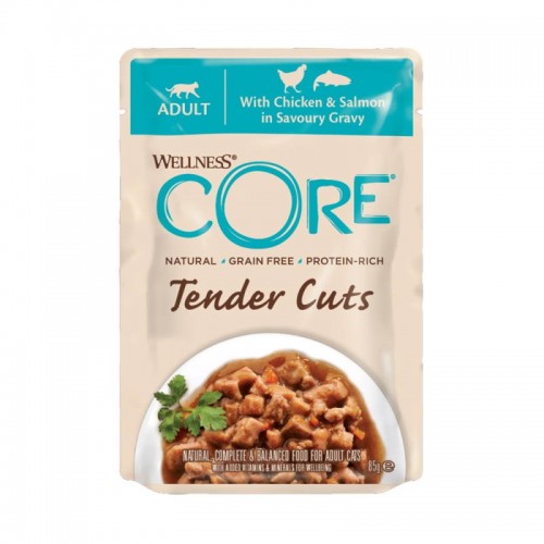 Wellness Core Tender Cuts Fillets Κοτόπουλο & Σολομός Σε Σάλτσα 85gr