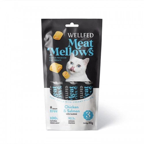 Wellfed Meat Mellows Λιχουδιά σε Ρολάκια με Γεύση Κοτόπουλο & Σολομό για Γάτες (3x10gr)