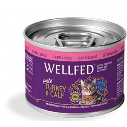 Wellfed Cat Adult Sterilised Πατέ Με Γαλοπούλα & Μοσχαράκι Γάλακτος 200gr